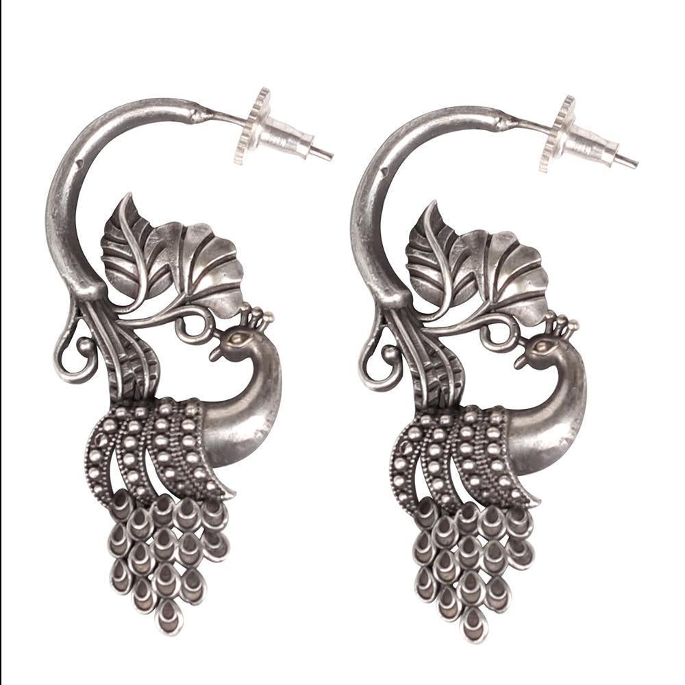 Women's Oxidised Silver Peacock Earrings - InWeave