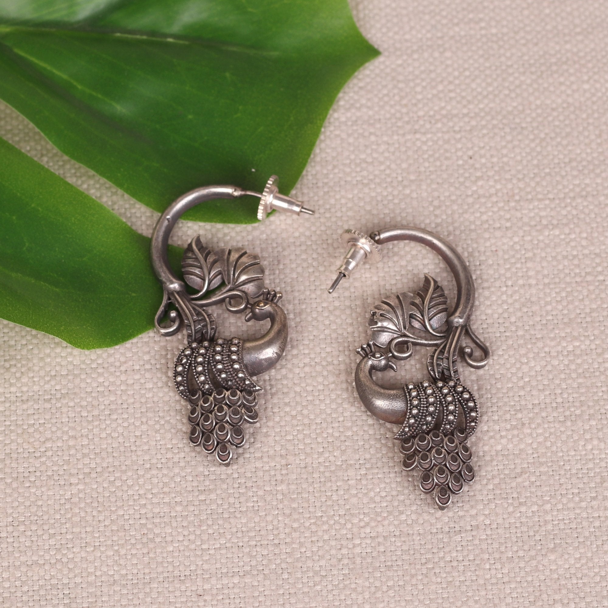 Women's Oxidised Silver Peacock Earrings - InWeave