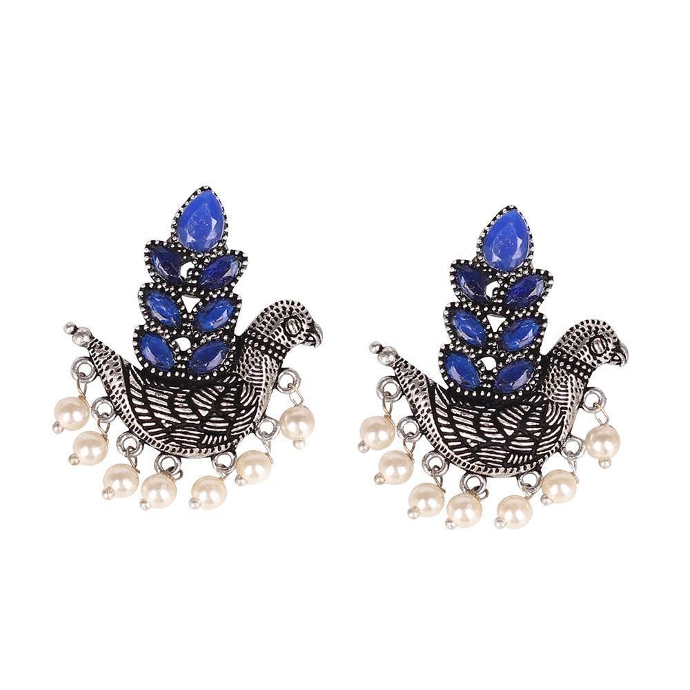 Women's Oxidised Bird Earings With Blue Stones - InWeave