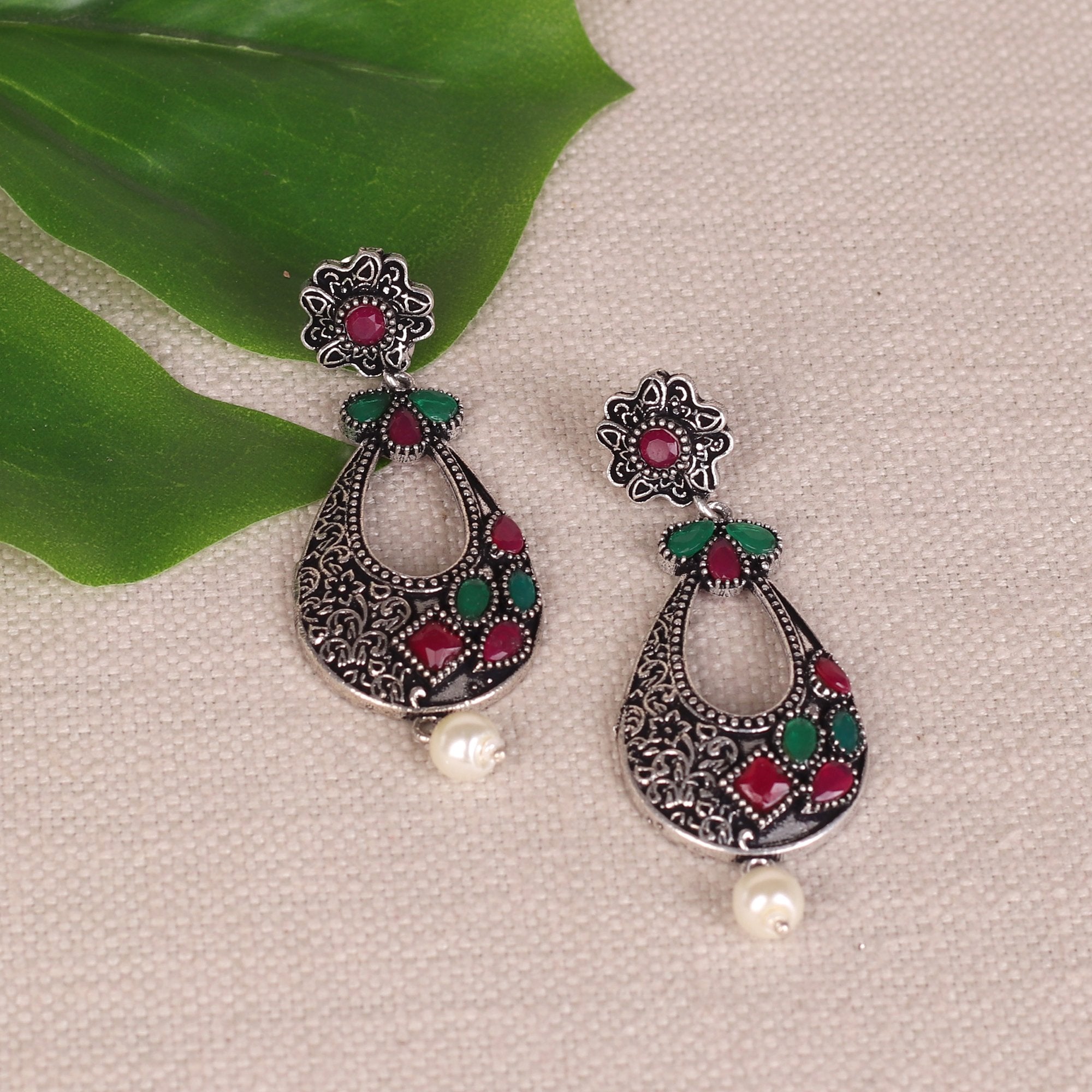 Women's Stone Studded Oxidised Earings In Red & Green - InWeave