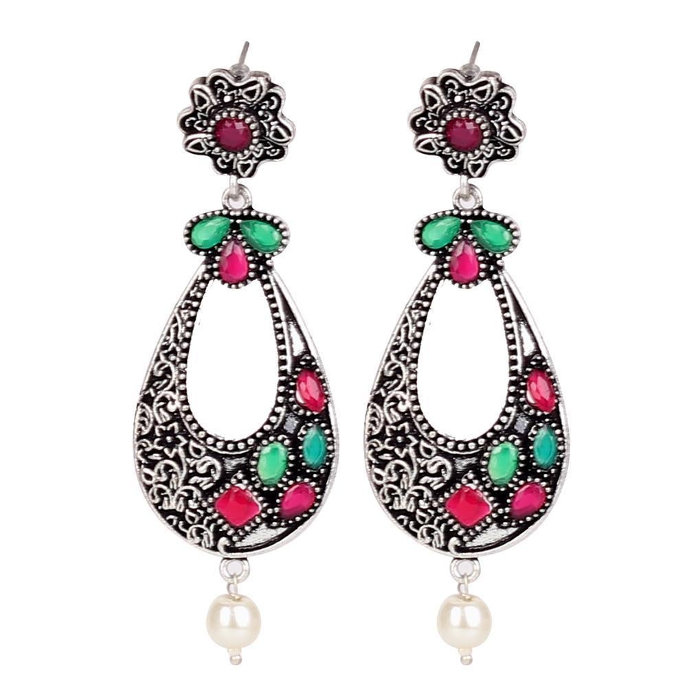 Women's Stone Studded Oxidised Earings In Red & Green - InWeave