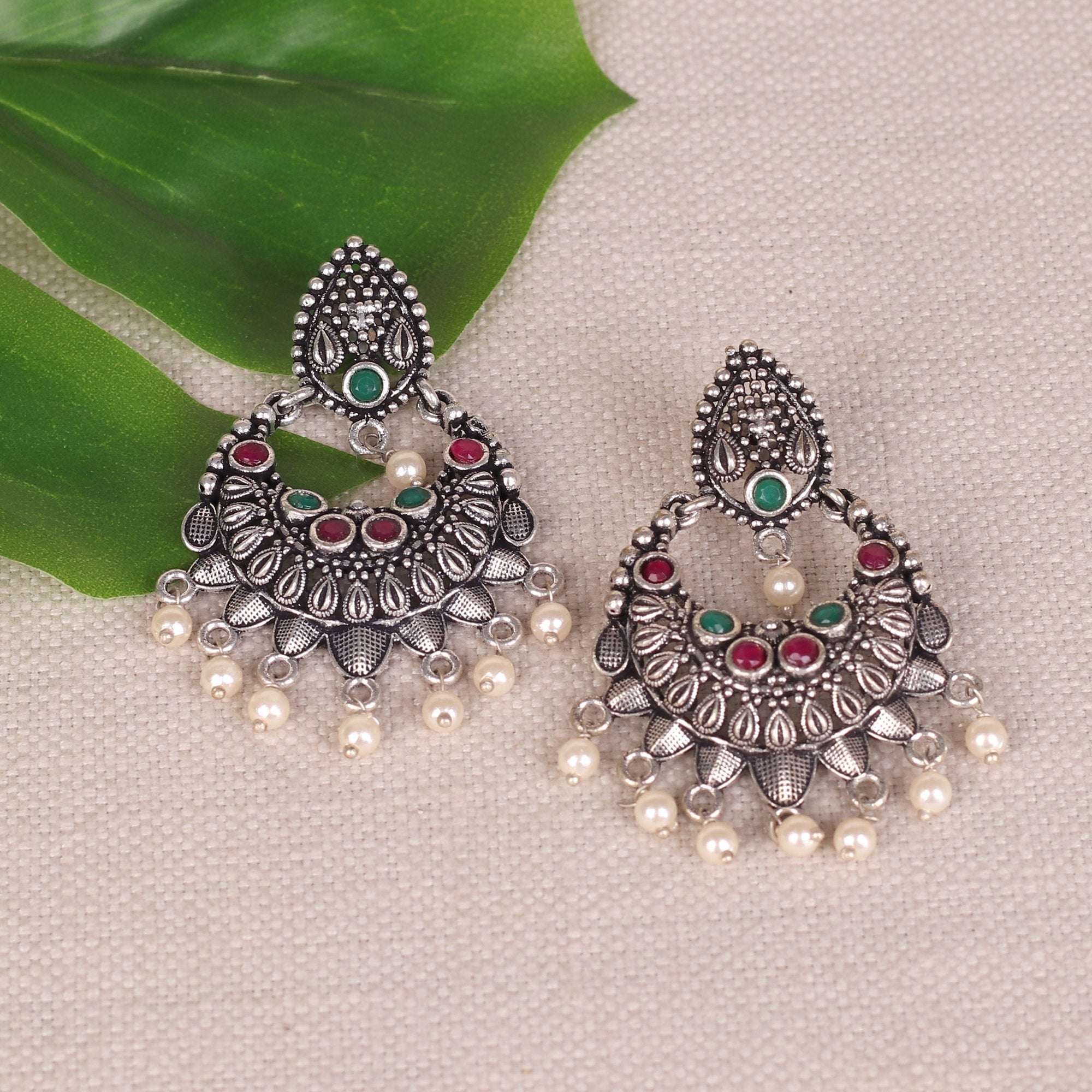 Women's German Silver Oxidised Earrings With Multicolor Stones - InWeave