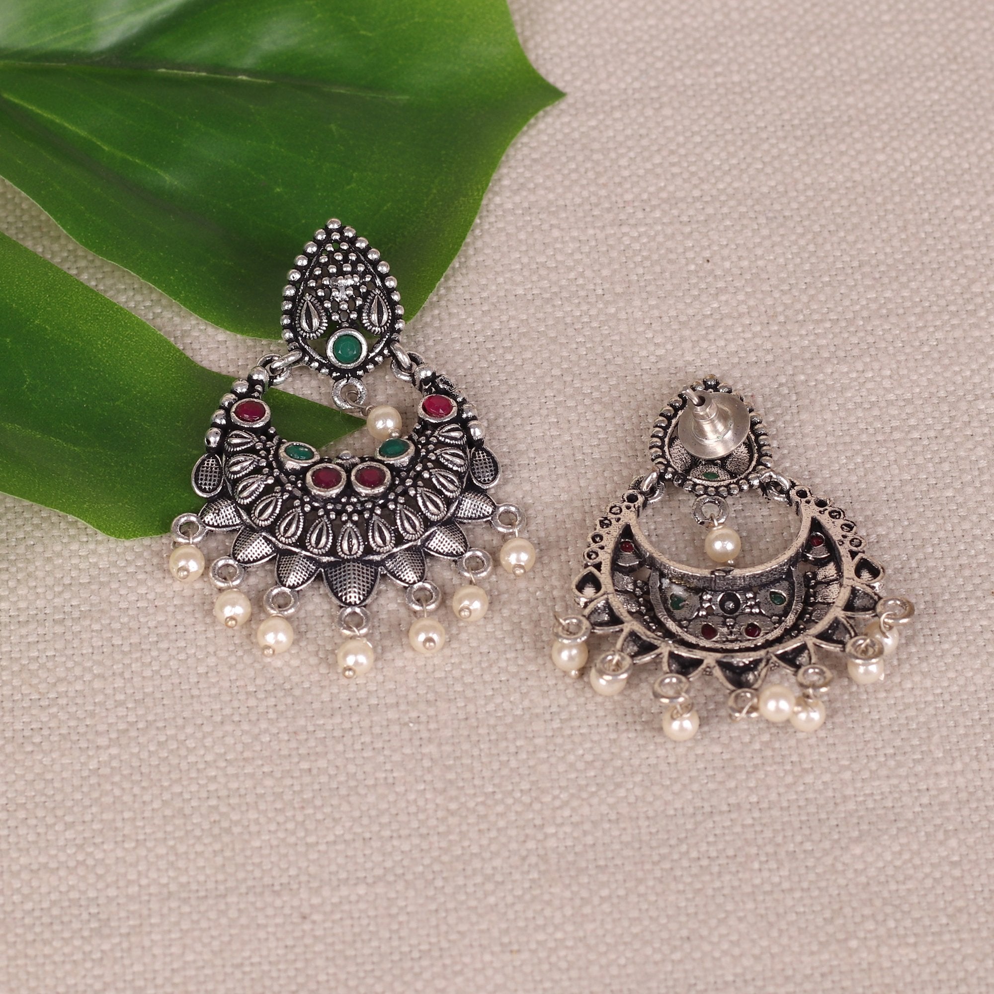 Women's German Silver Oxidised Earrings With Multicolor Stones - InWeave