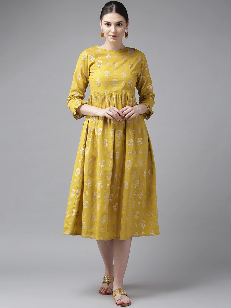 Women's  Mustard Yellow & Golden Printed A-Line Dress