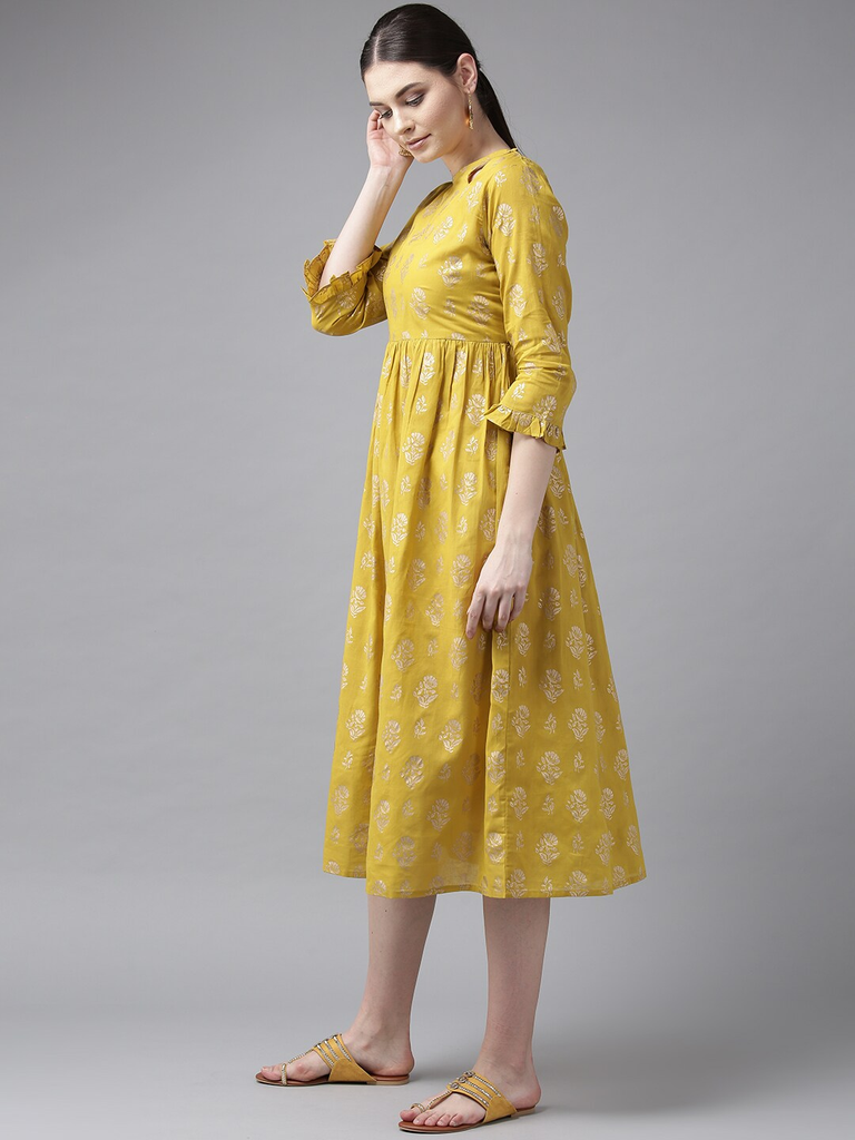 Women's  Mustard Yellow & Golden Printed A-Line Dress
