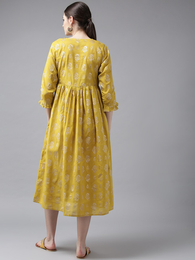 Women's  Mustard Yellow & Golden Printed A-Line Dress