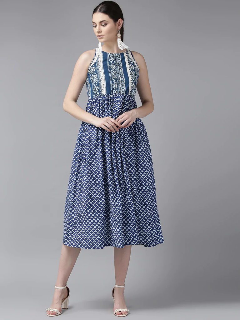 Women's  Blue & White Printed Empire Dress