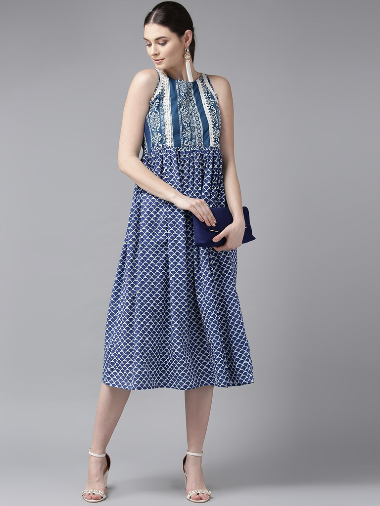 Women's  Blue & White Printed Empire Dress