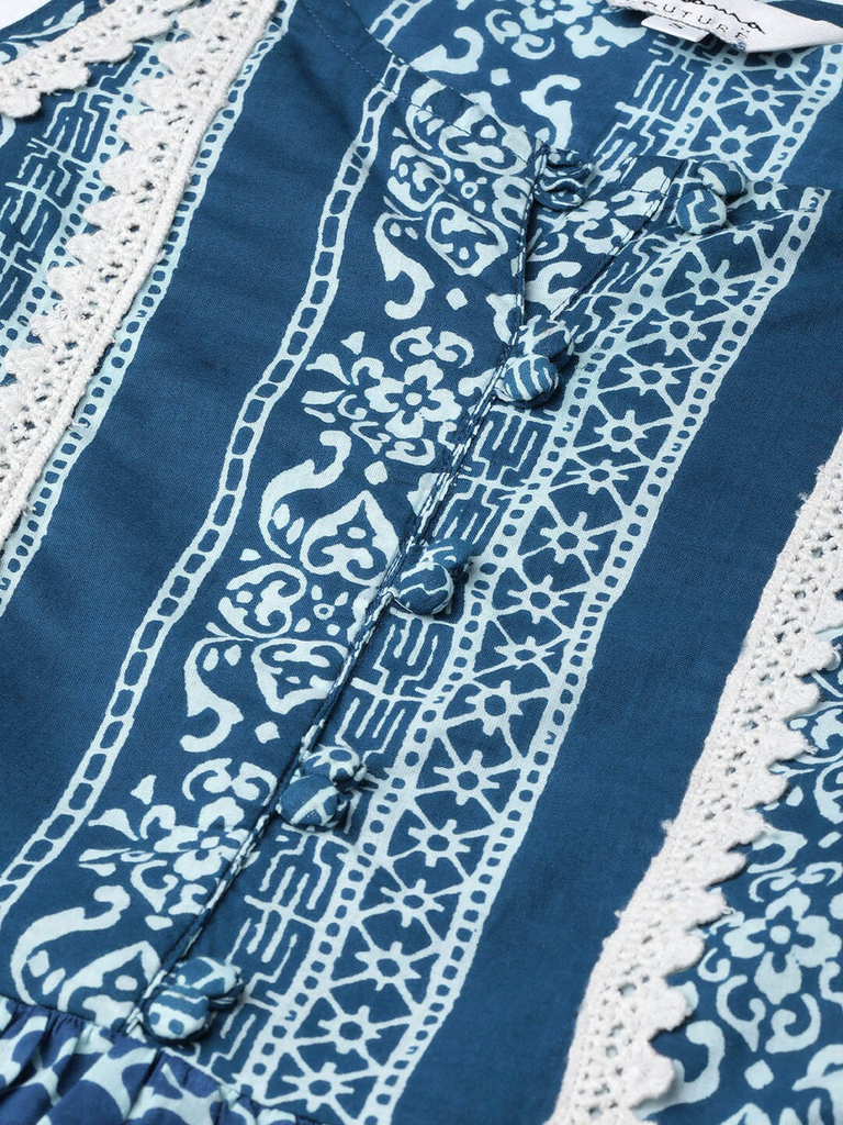 Women's  Blue & White Printed Empire Dress
