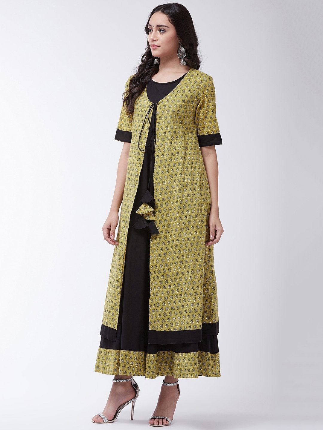 Women's Black Anarkali Dress With Yellow Floral Print Jacket - InWeave