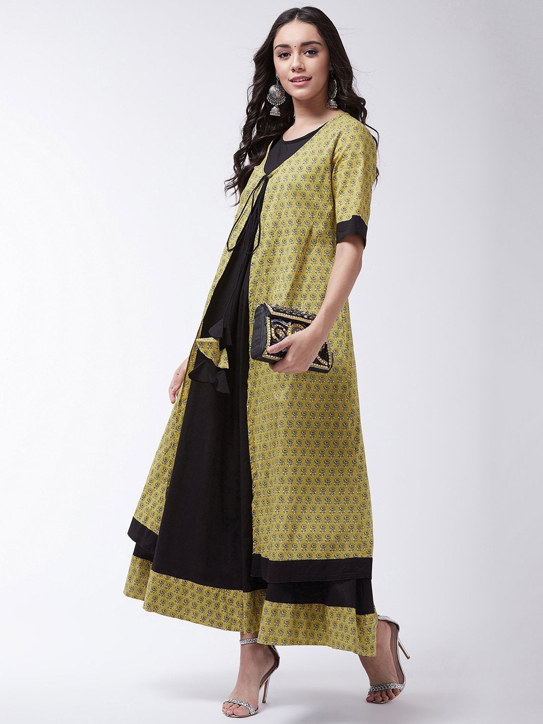 Women's Black Anarkali Dress With Yellow Floral Print Jacket - InWeave