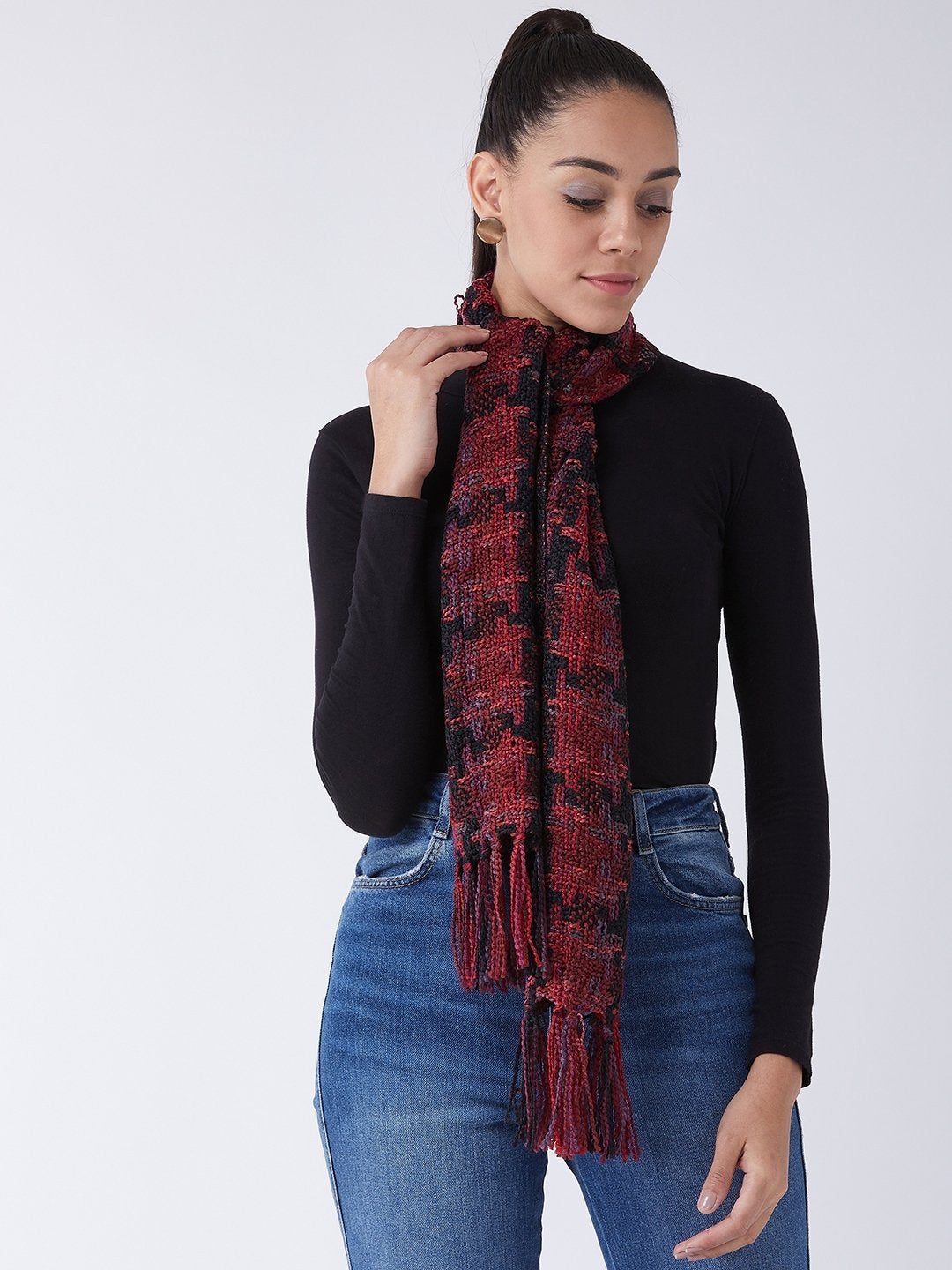 Women's Maroon And Black Winter Stole - InWeave