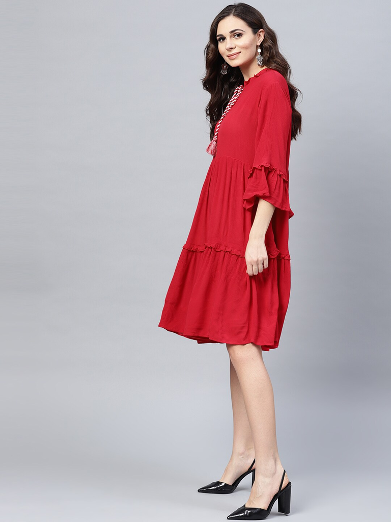 Women's  Red Solid Tiered A-Line Dress