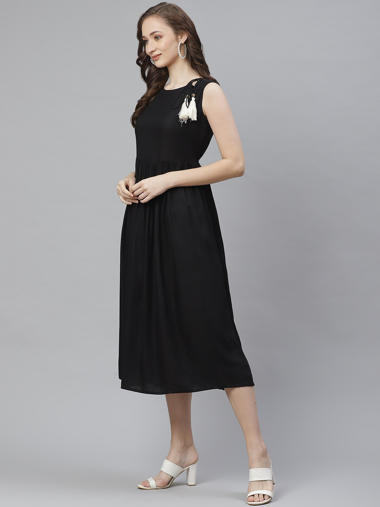 Women's  Black Self Design A-Line Dress