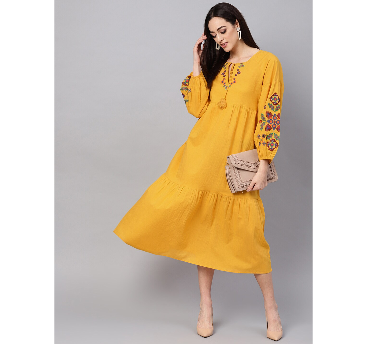 Women's  Mustard Yellow Solid Tiered A-Line Dress - Wahe-NOOR