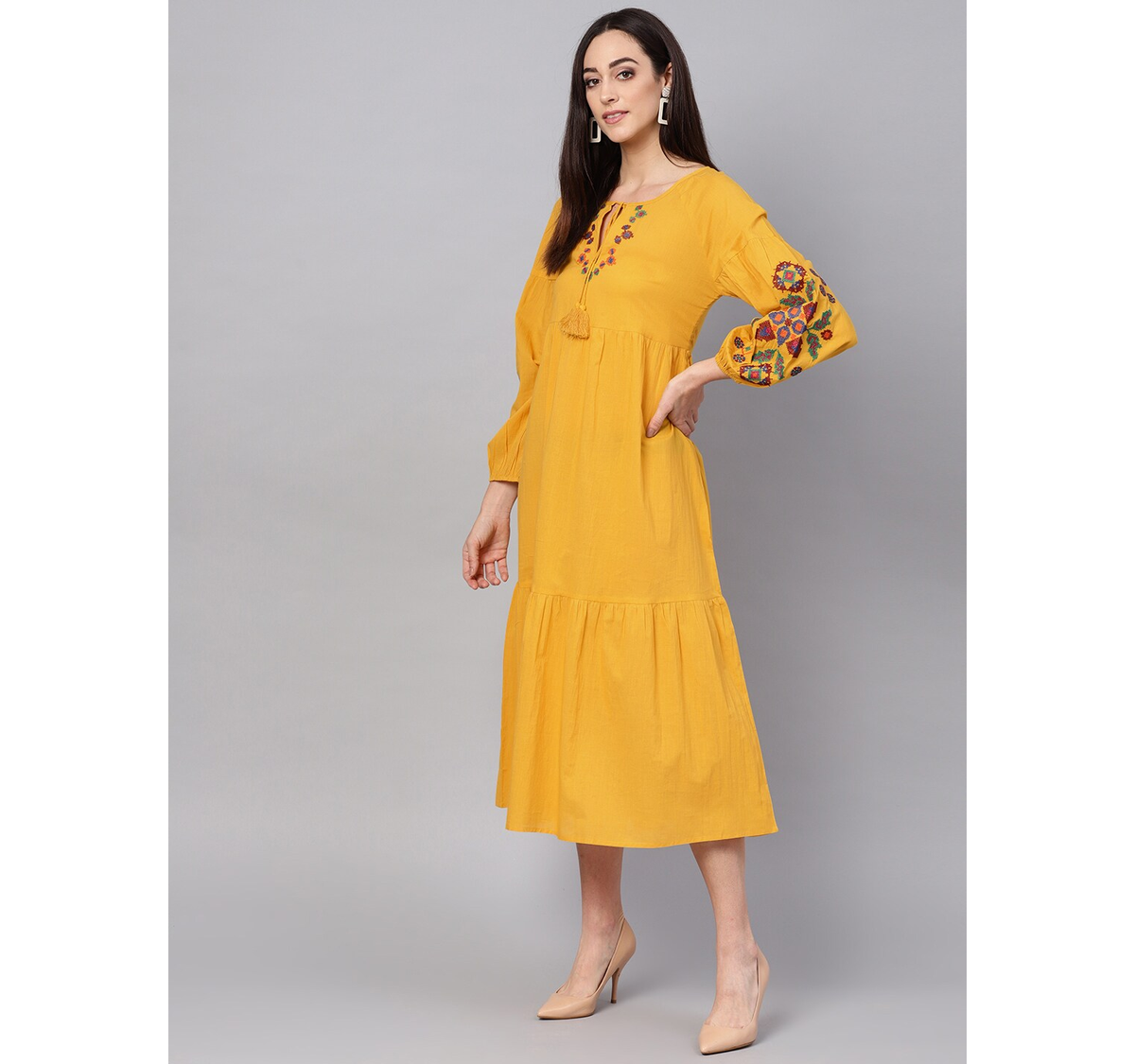 Women's  Mustard Yellow Solid Tiered A-Line Dress - Wahe-NOOR