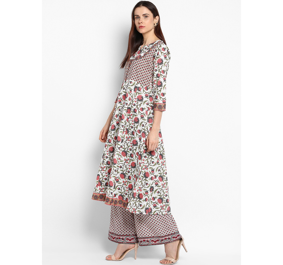 Women's  Off-White & Red Printed Kurta With Palazzos - Wahe-NOOR