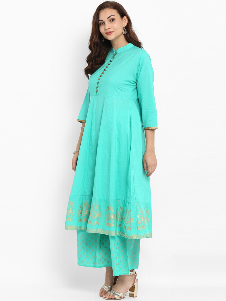 Women's  Sea Green Printed Kurta With Palazzos