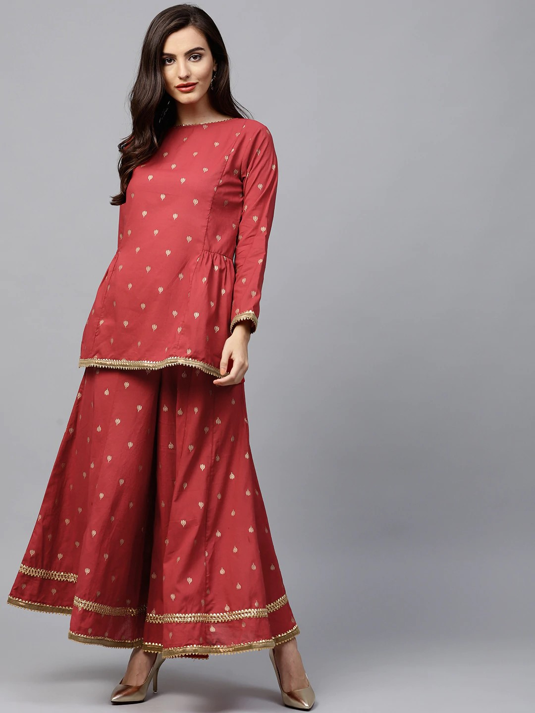 Women's  Red & Golden Printed Kurti With Palazzos