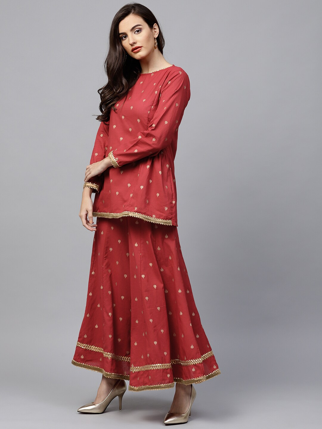Women's  Red & Golden Printed Kurti With Palazzos
