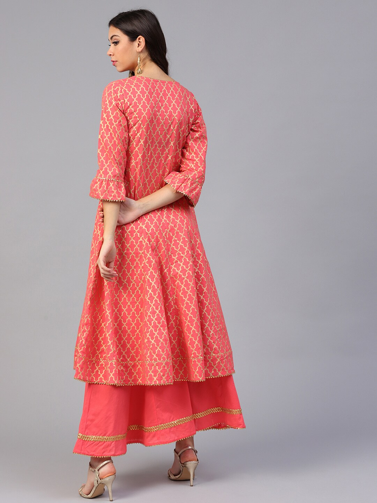 Women's  Coral Pink & Golden Printed Kurta With Palazzos
