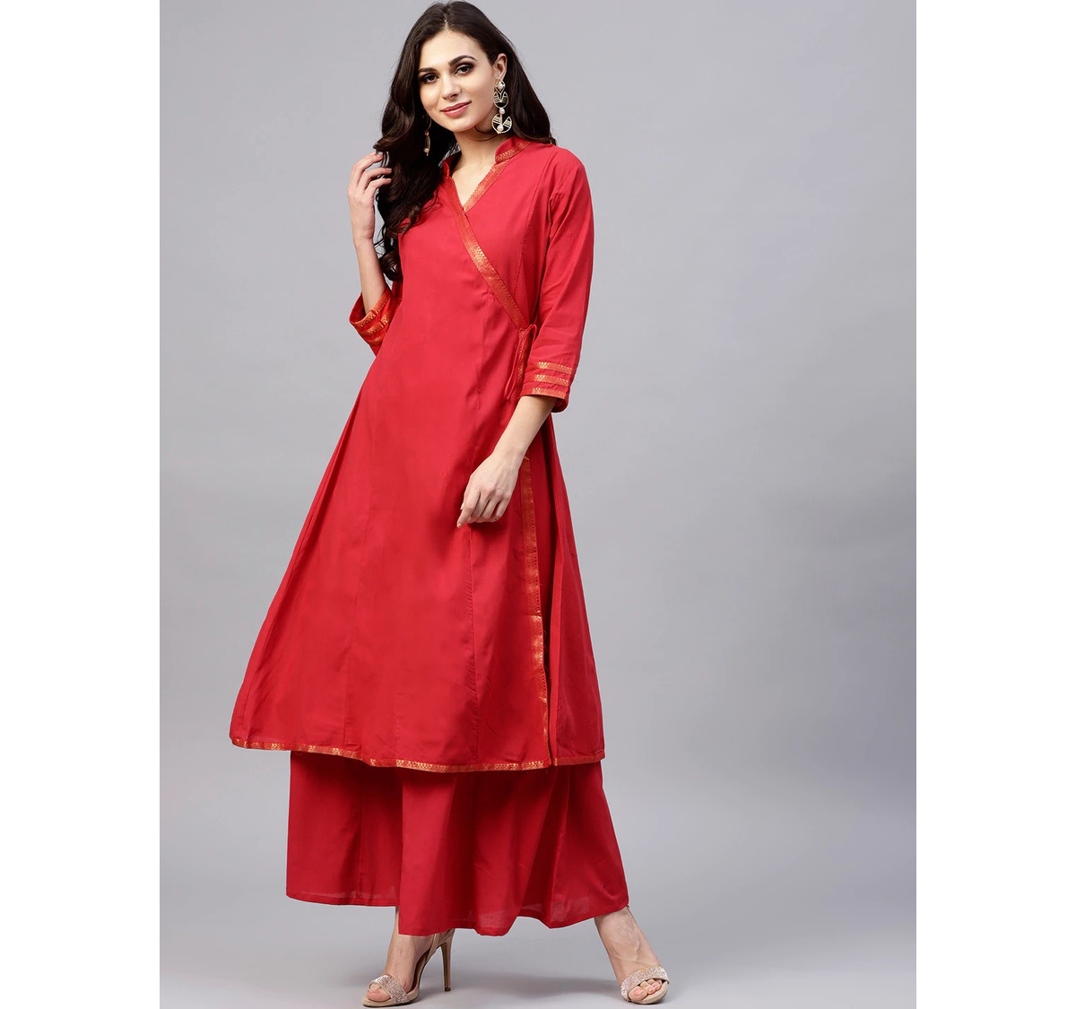 Women's  Red Solid Kurta With Palazzos 2 - Wahe-NOOR