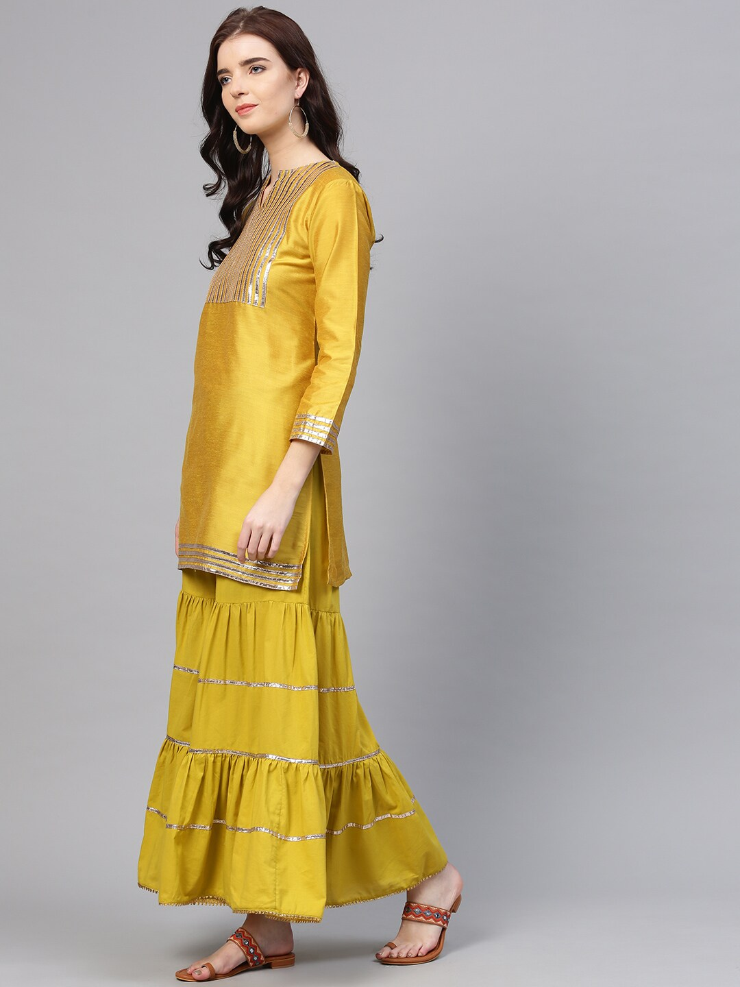Women's  Mustard Yellow & Green Yoke Design Kurti With Sharara & Dupatta - Wahe-NOOR