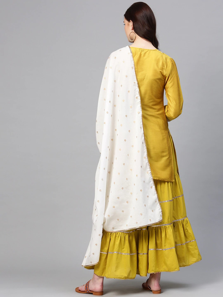 Women's  Mustard Yellow & Green Yoke Design Kurti With Sharara & Dupatta