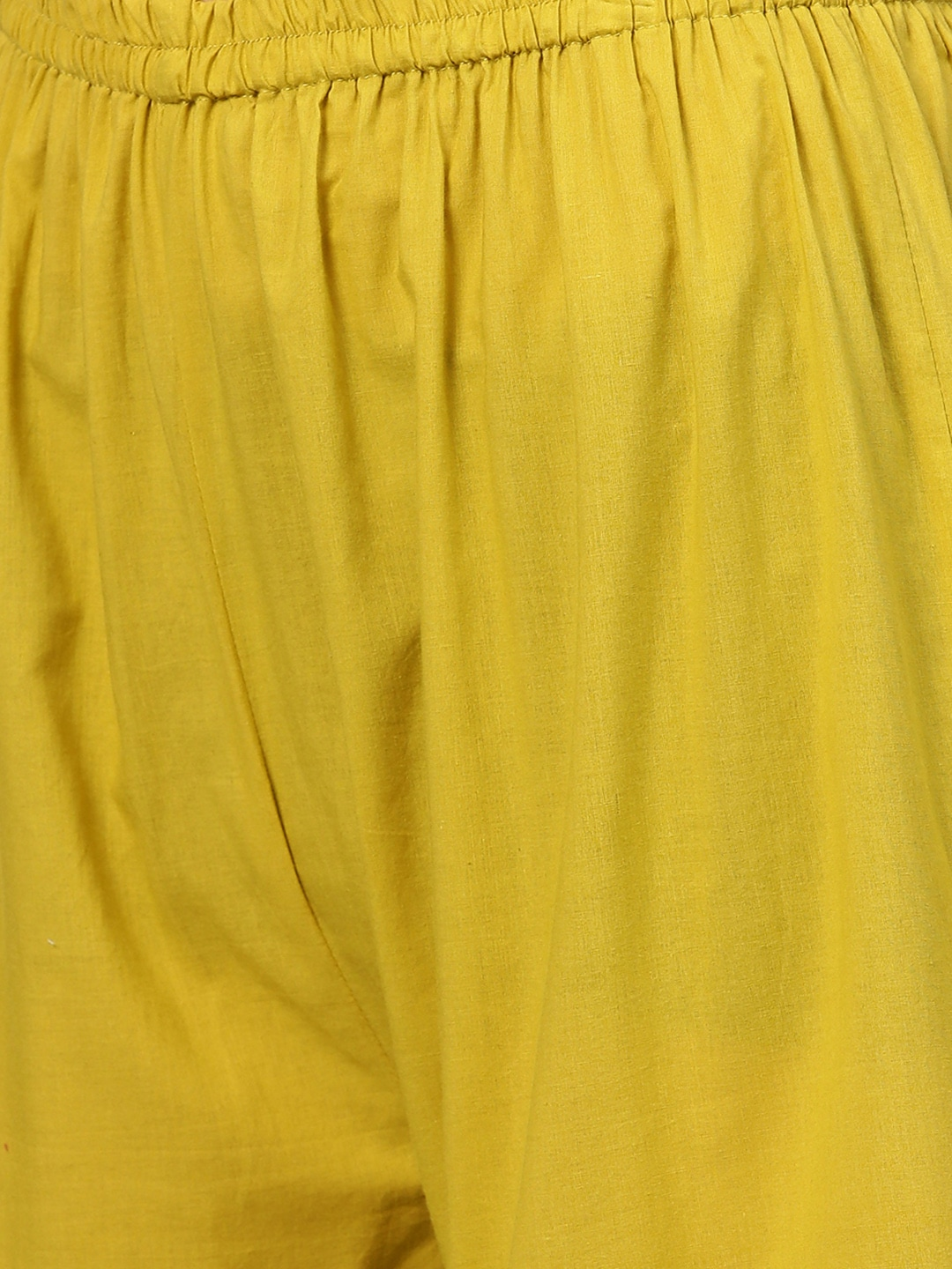 Women's  Mustard Yellow & Green Yoke Design Kurti With Sharara & Dupatta - Wahe-NOOR