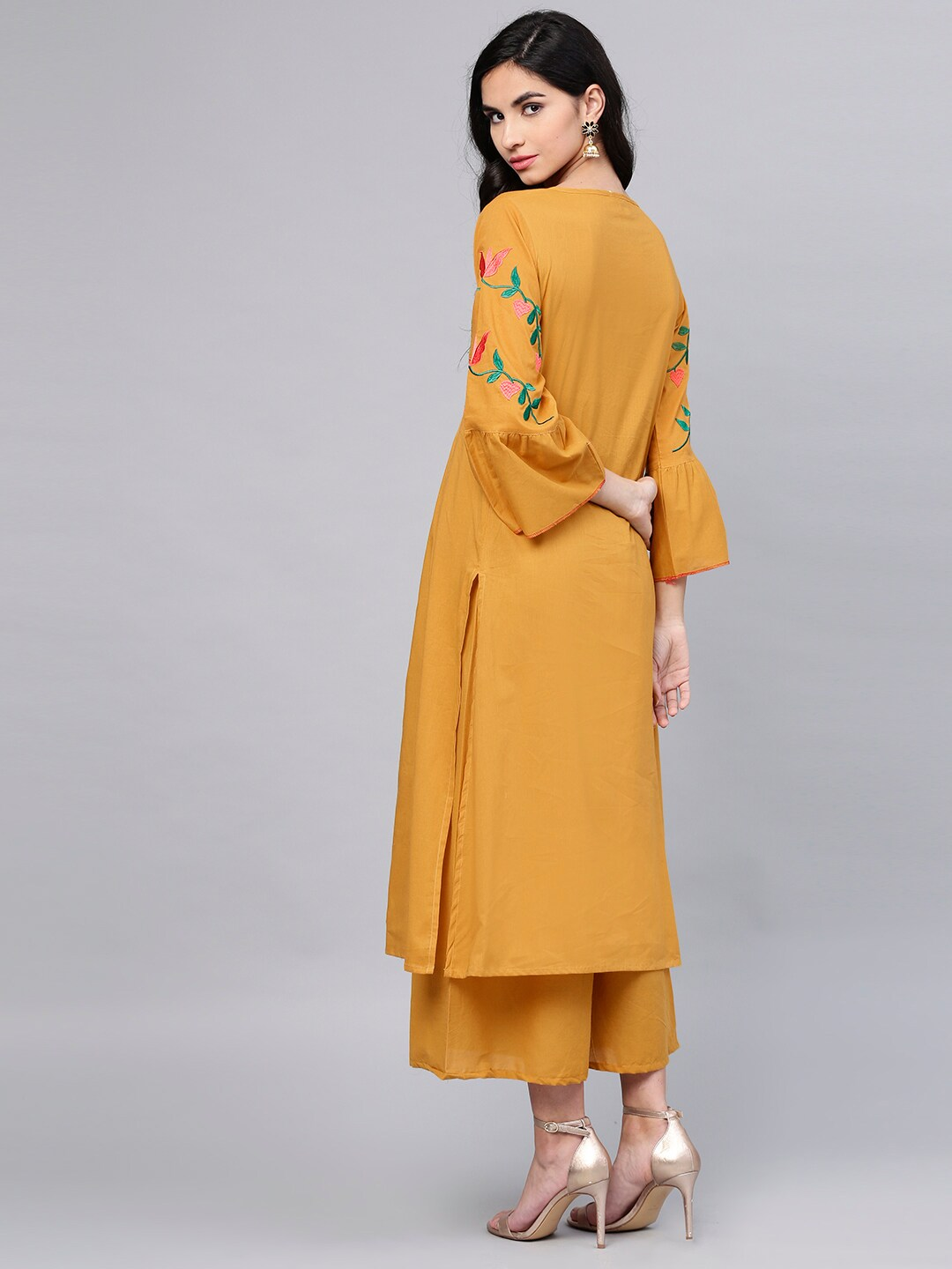 Women's  Mustard Yellow Yoke Design Kurta With Palazzos3 - Wahe-NOOR