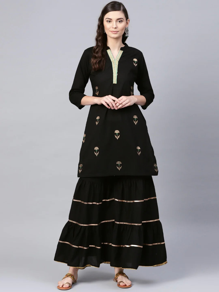 Women's  Black Foil Printed Kurta With Sharara