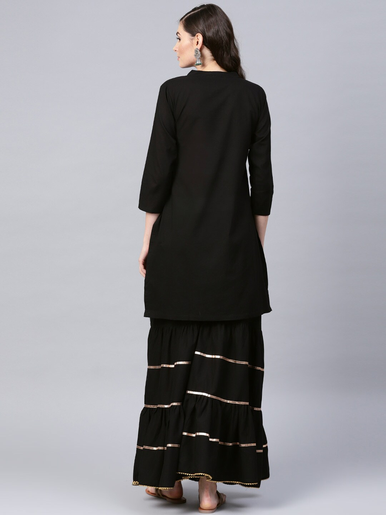 Women's  Black Foil Printed Kurta With Sharara