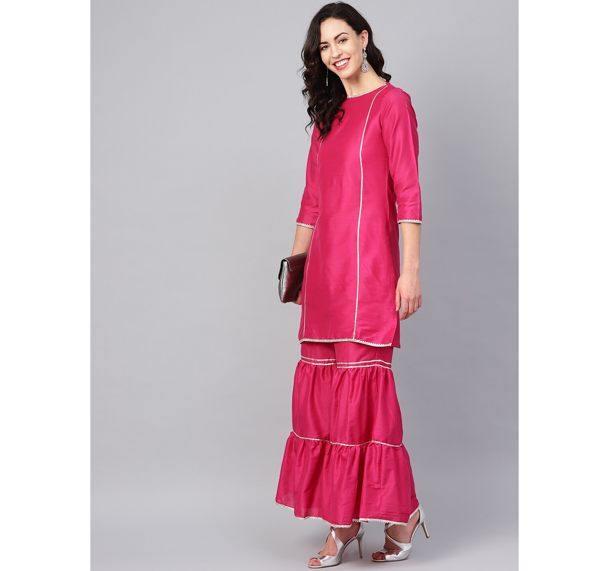 Women's  Pink Poly Silk Solid Kurta With Sharara - Wahe-NOOR