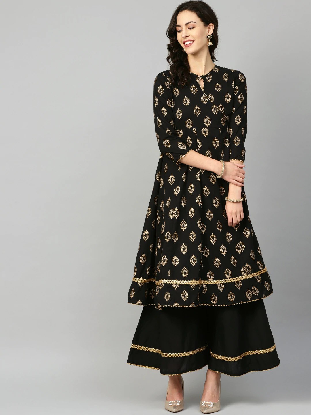 Women's  Black & Golden Printed Kurta With Palazzos