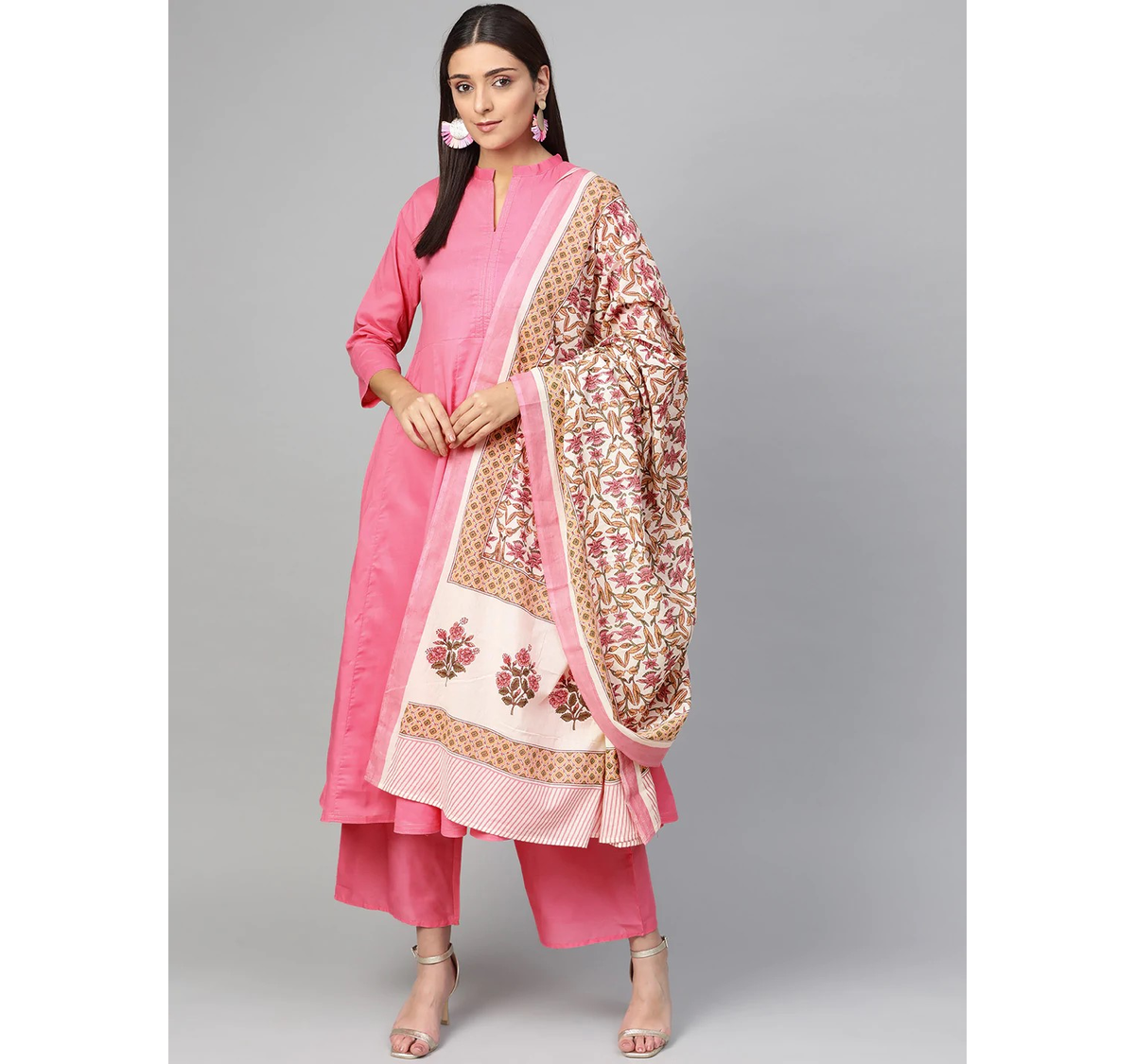 Women's  Pink & Off-White Solid Kurta With Palazzos & Dupatta - Wahe-NOOR