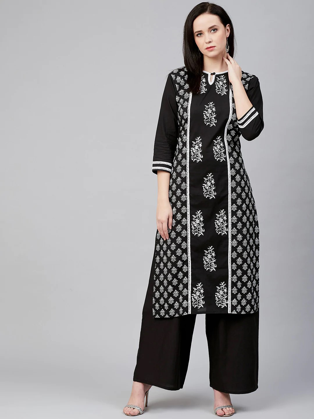 Women's  Black & White Block Print Kurta With Palazzos