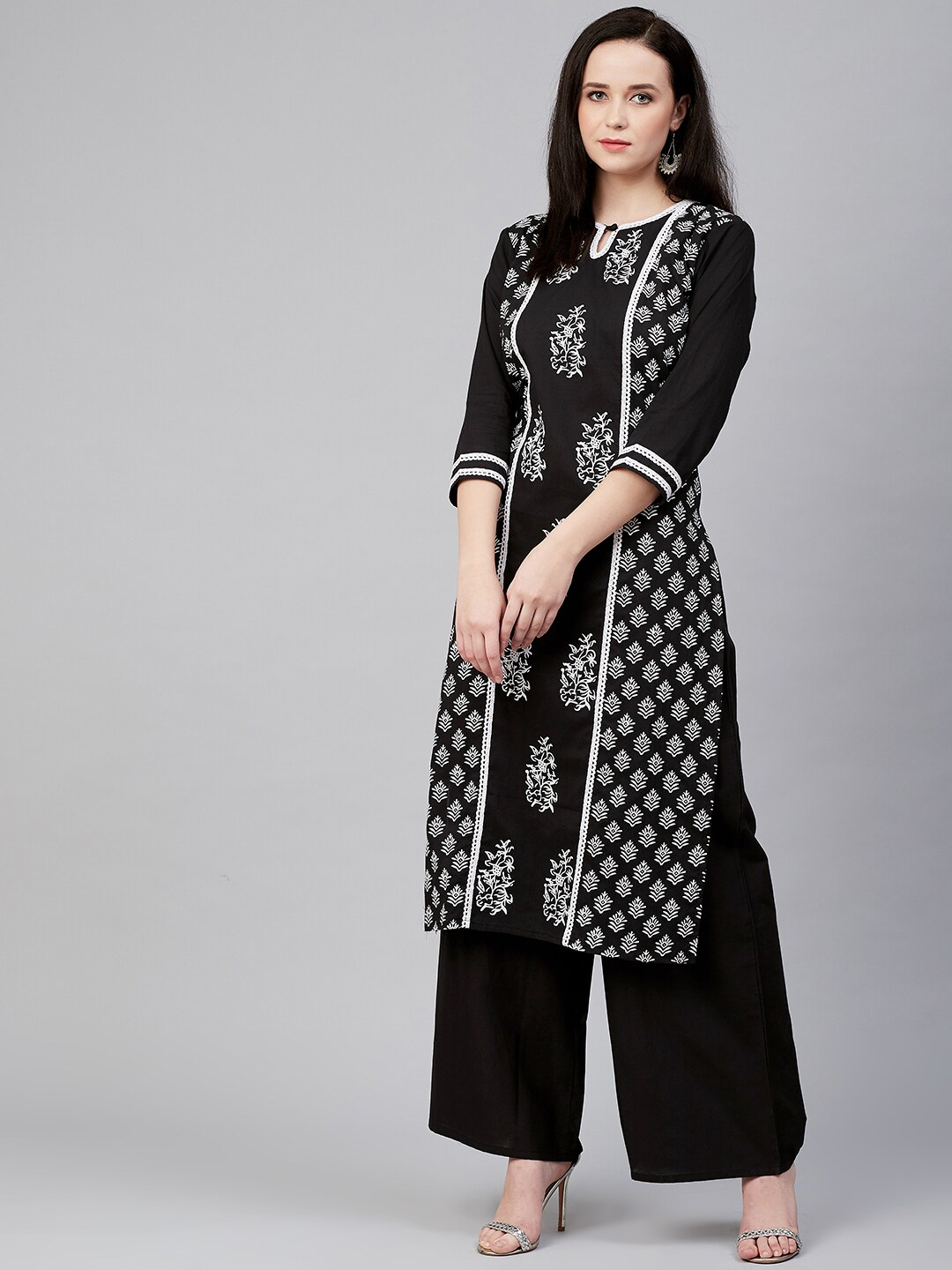 Women's  Black & White Block Print Kurta With Palazzos
