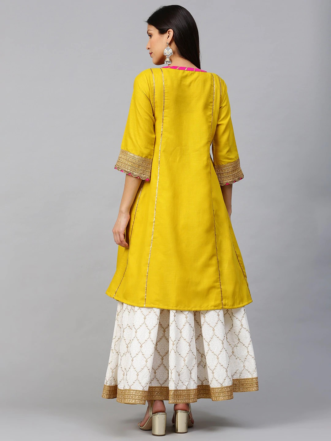 Women's  Mustard & White Gotta Patti Striped Kurta With Block Printed Skirt - Wahe-NOOR