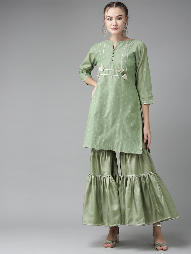 Women's  Green & Golden Woven Design Kurta With Sharara