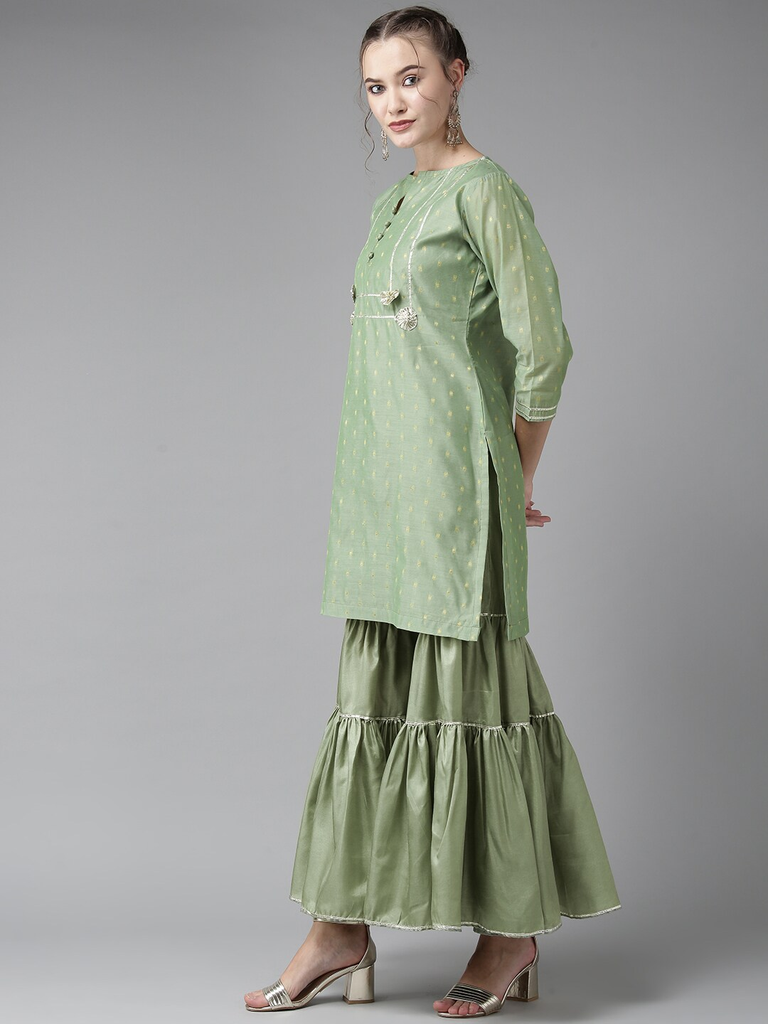 Women's  Green & Golden Woven Design Kurta With Sharara