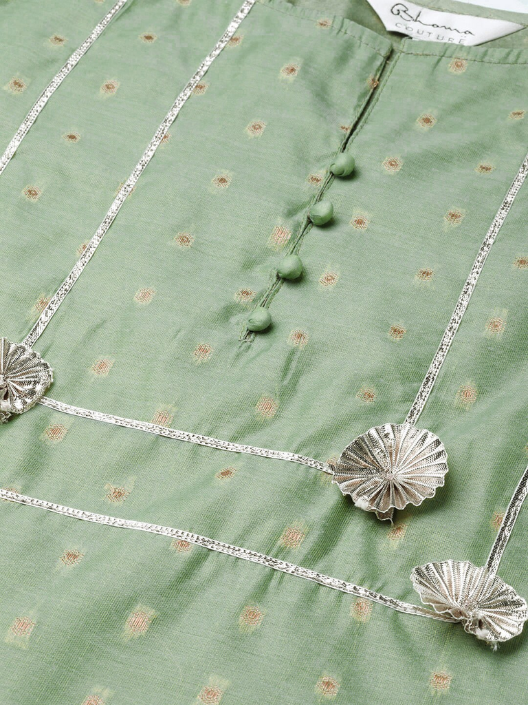 Women's  Green & Golden Woven Design Kurta With Sharara