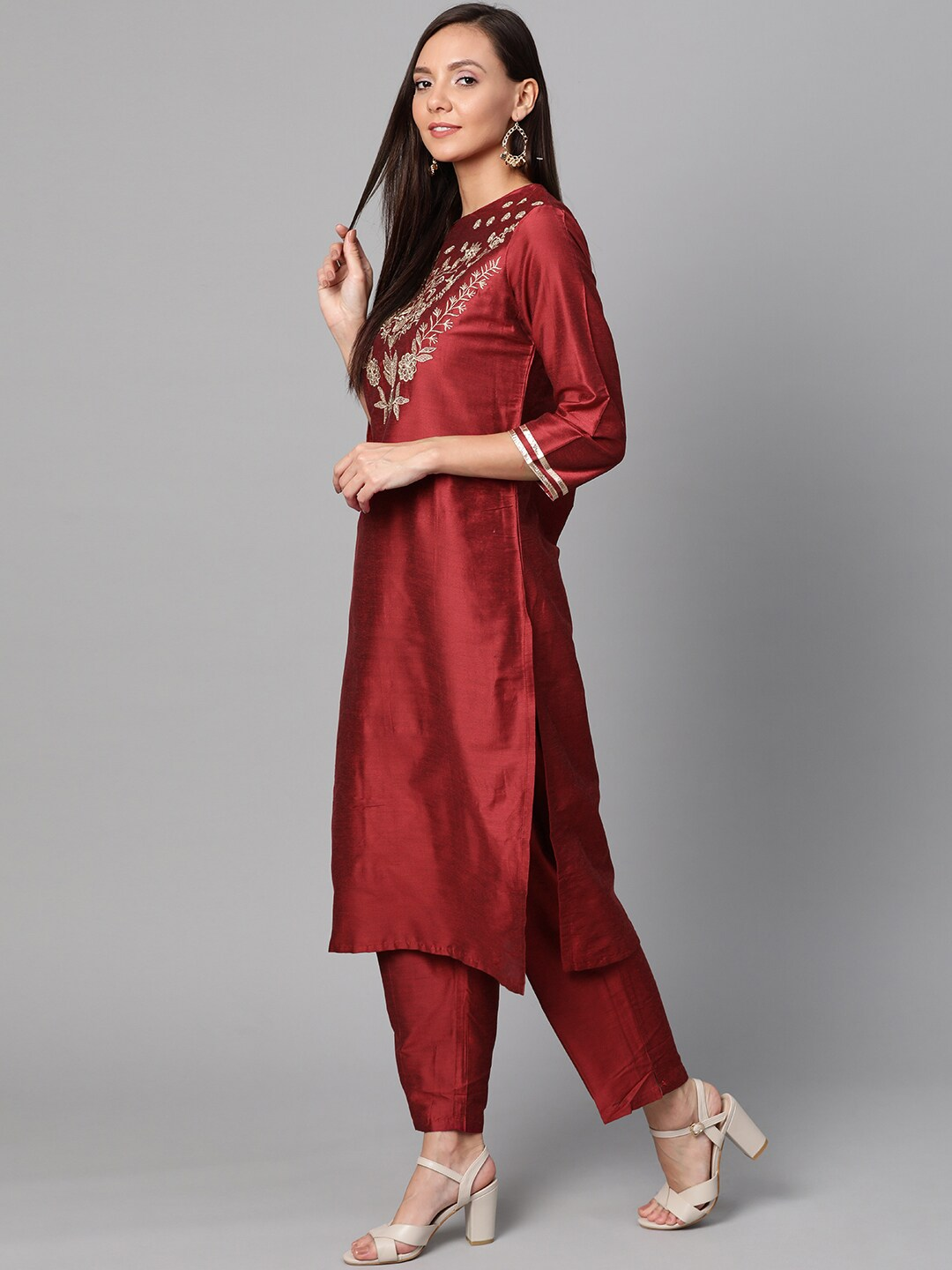 Women's  Maroon & Golden Yoke Design Kurta With Trousers