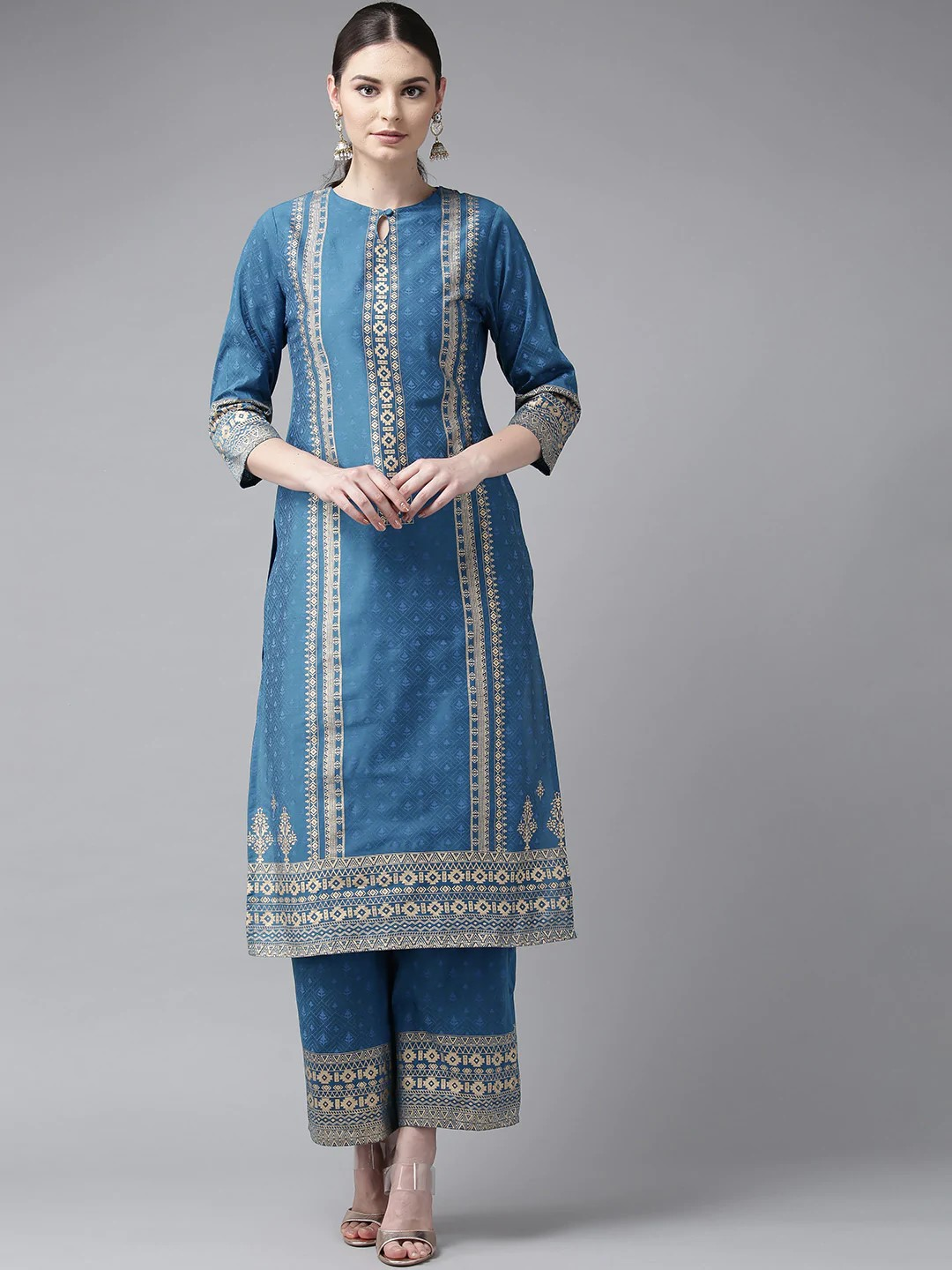 Women's  Blue & Golden Block Print Kurta With Palazzos