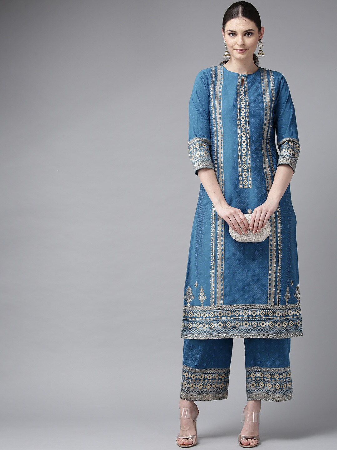 Women's  Blue & Golden Block Print Kurta With Palazzos