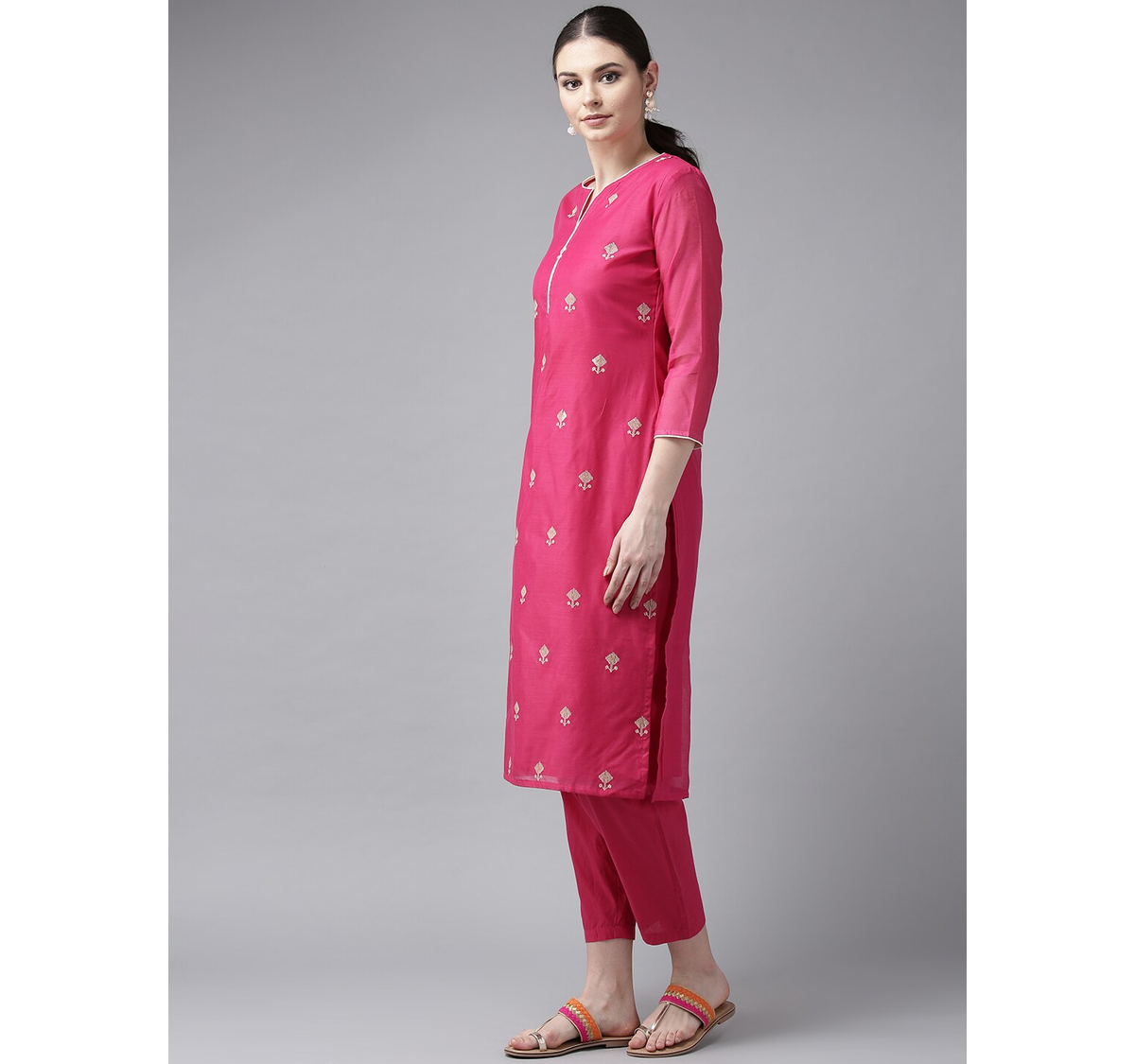 Women's  Pink & Cream-Coloured Embroidered Kurta With Trousers - Wahe-NOOR