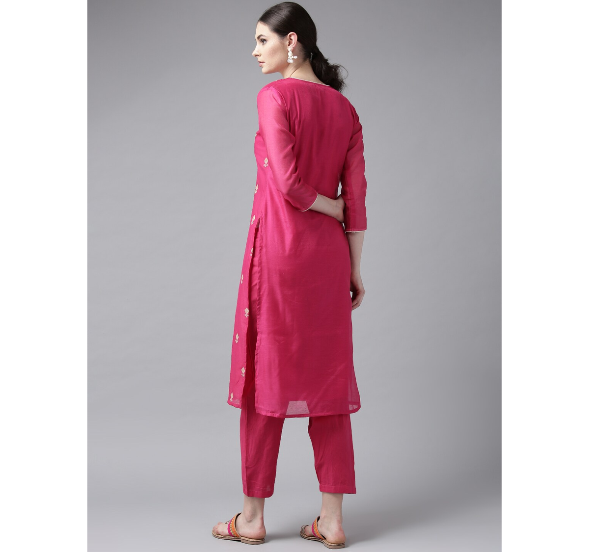 Women's  Pink & Cream-Coloured Embroidered Kurta With Trousers - Wahe-NOOR