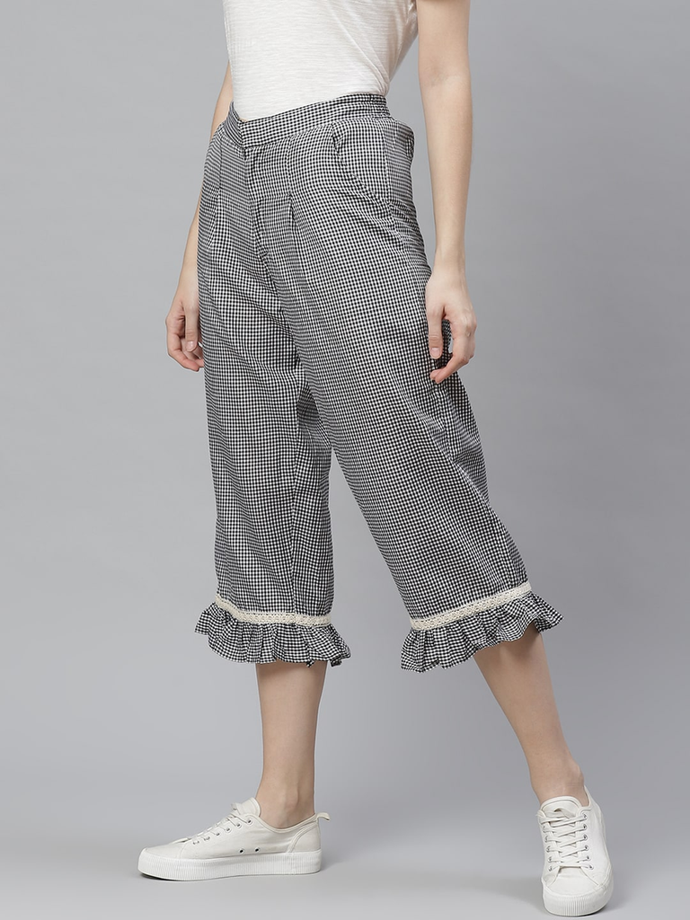 Women's  White And Black High Rise Check Culotte