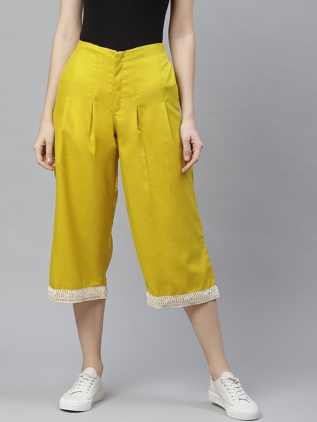 Women's  Mustard Yellow High-Rise Smart Loose Fit Solid Culottes - Wahe-NOOR