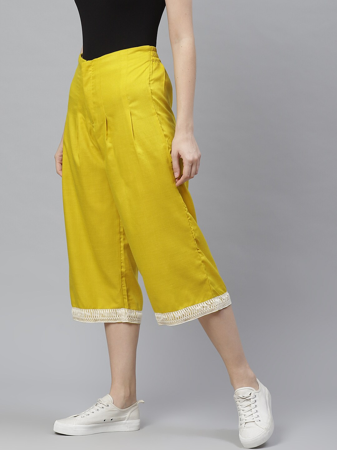Women's  Mustard Yellow High-Rise Smart Loose Fit Solid Culottes - Wahe-NOOR