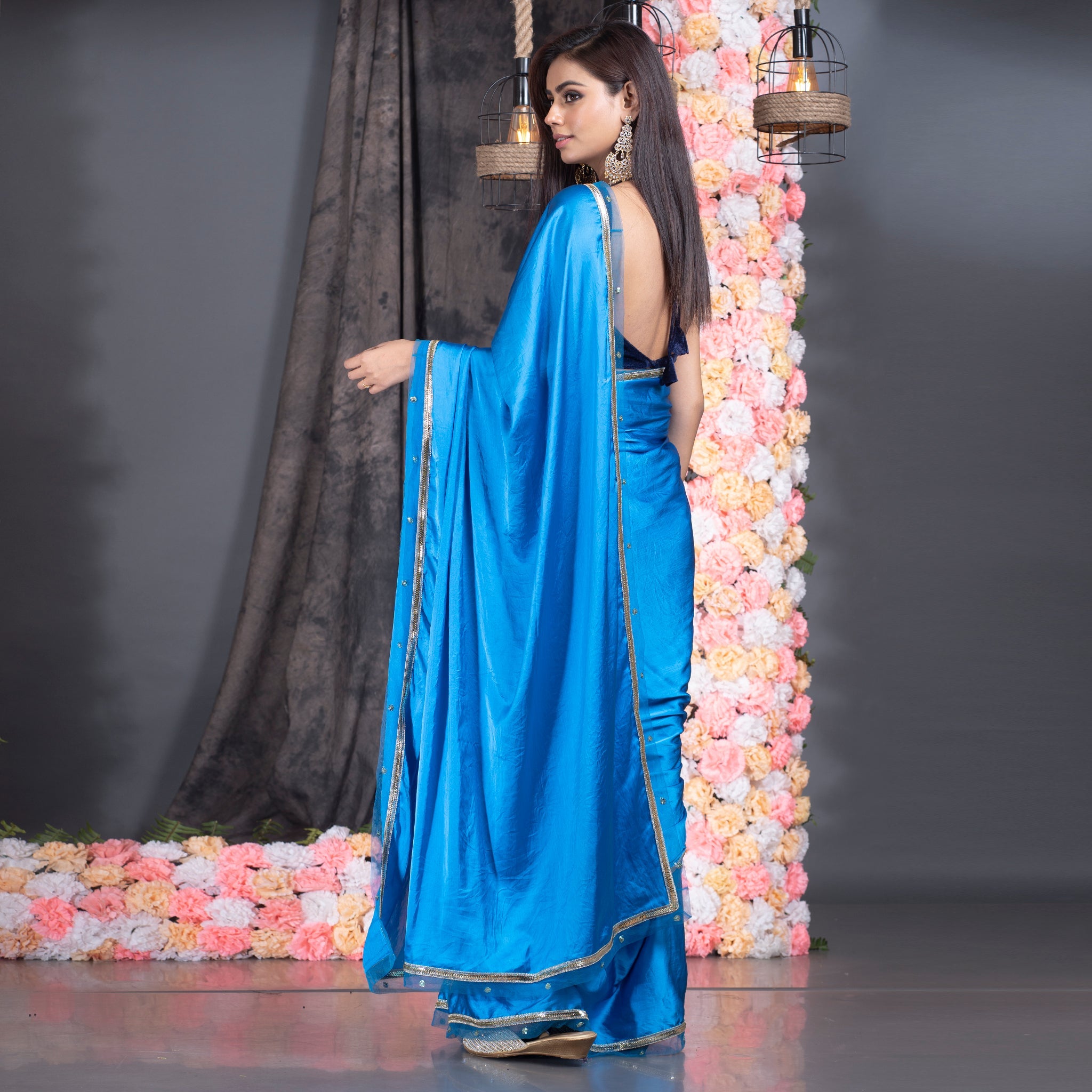 Women's Blue Satin Saree With Embroidered Border - Boveee